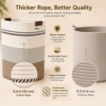 Laundry Hamper, Cotton Rope Laundry Basket with Leather Handles, 21.1-Gallon/80 L Large Clothes Hampers for Laundry, Woven Laundry Baskets for Blankets, Clothing, Bedroom, Living Room, Nursery