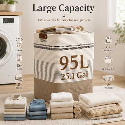 Laundry Hamper, Cotton Rope Laundry Basket with Leather Handles, 21.1-Gallon/80 L Large Clothes Hampers for Laundry, Woven Laundry Baskets for Blankets, Clothing, Bedroom, Living Room, Nursery