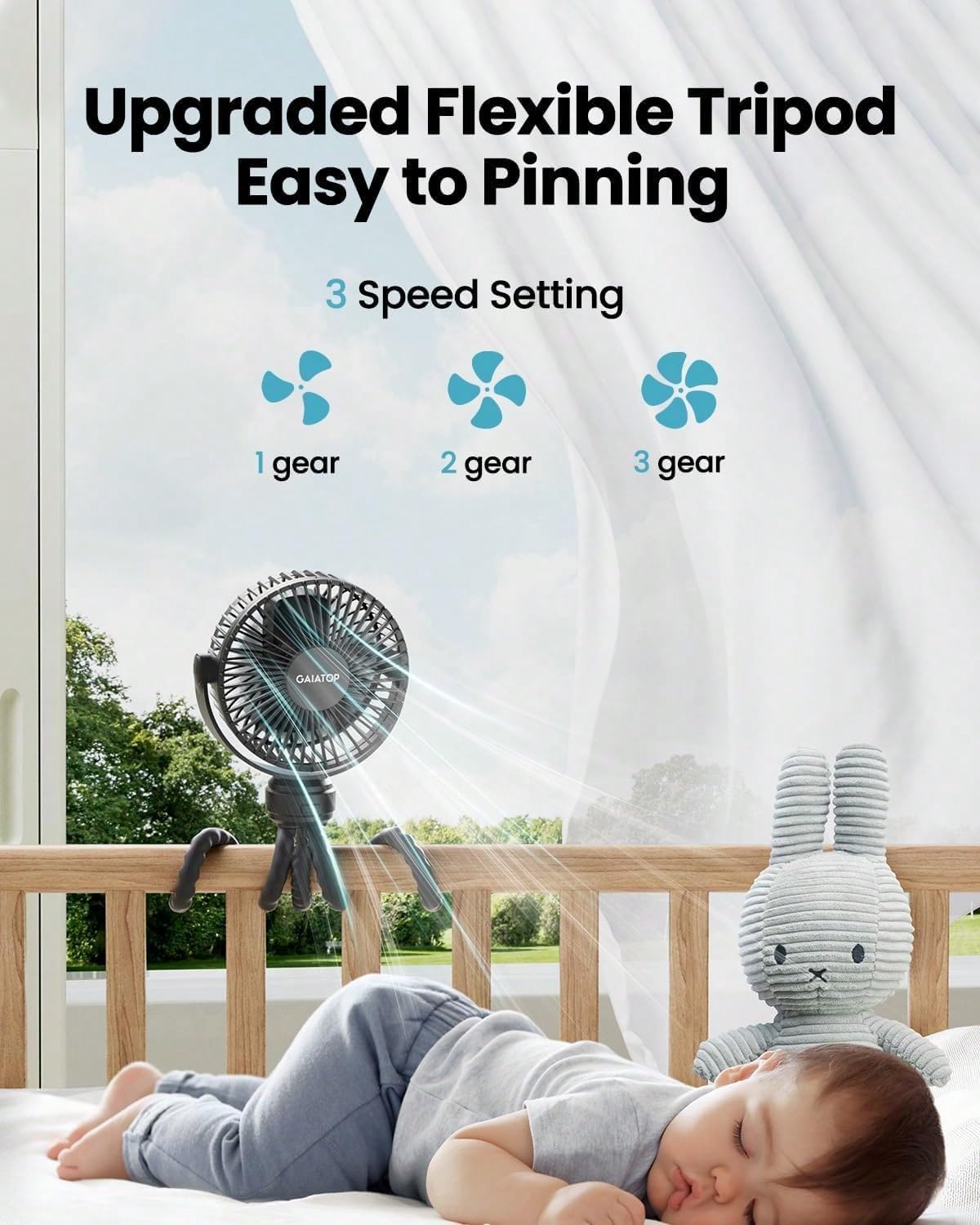 Mini Portable Stroller Fan Clip on Detachable 3 Speed Rechargeable (black)