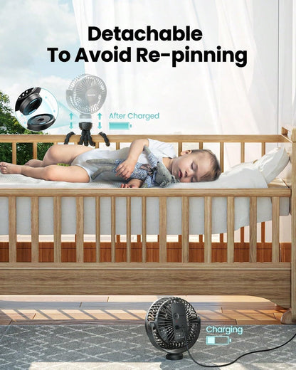 Mini Portable Stroller Fan Clip on Detachable 3 Speed Rechargeable (black)