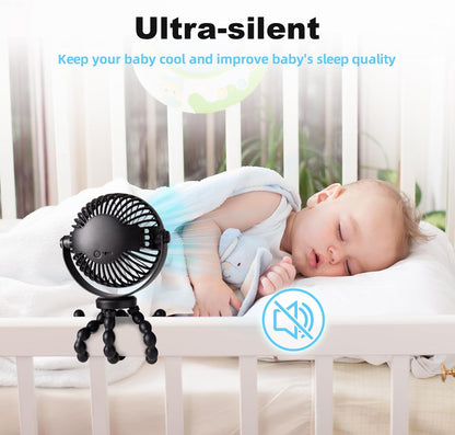 Mini Portable Pram Fan, Rechargeable Small Clip on Fan for Stroller, Detachable 3 Speed 360° Rotate Flexible Tripod Handheld Desk Cooling for Car Seat Crib Treadmill Travel Essentials