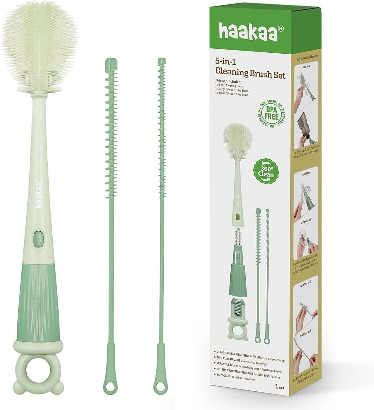 5-in-1 Cleaning Brush Set – Baby Bottle Brush & Bottle Brush Cleaner, Multi-Purpose 360° Comprehensive Cleaning for Breast Pumps, Breast Milk Collector, Baby Bottles, Nipples ,Straw – Portable