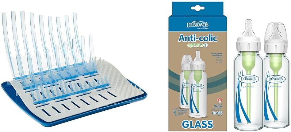 Folding Baby Bottle Drying Rack for Easy Storage, Dry Nipples, Pacifiers and Other Baby Essentials, BPA-free & Natural Flow Anti-Colic Options+ Narrow Glass Baby Bottle 8 oz/250 mL