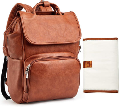 Leather Diaper Bag Backpack with Changing Mat