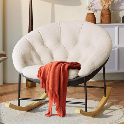 Wide Rocking Chair Nursery, Comfy Saucer Nursery Rocking Chairs with Removable Cushion, Indoor Papasan Nursing Chair for Breastfeeding, Mecedora Para Adultos for Living Room & Bedroom (Cream)