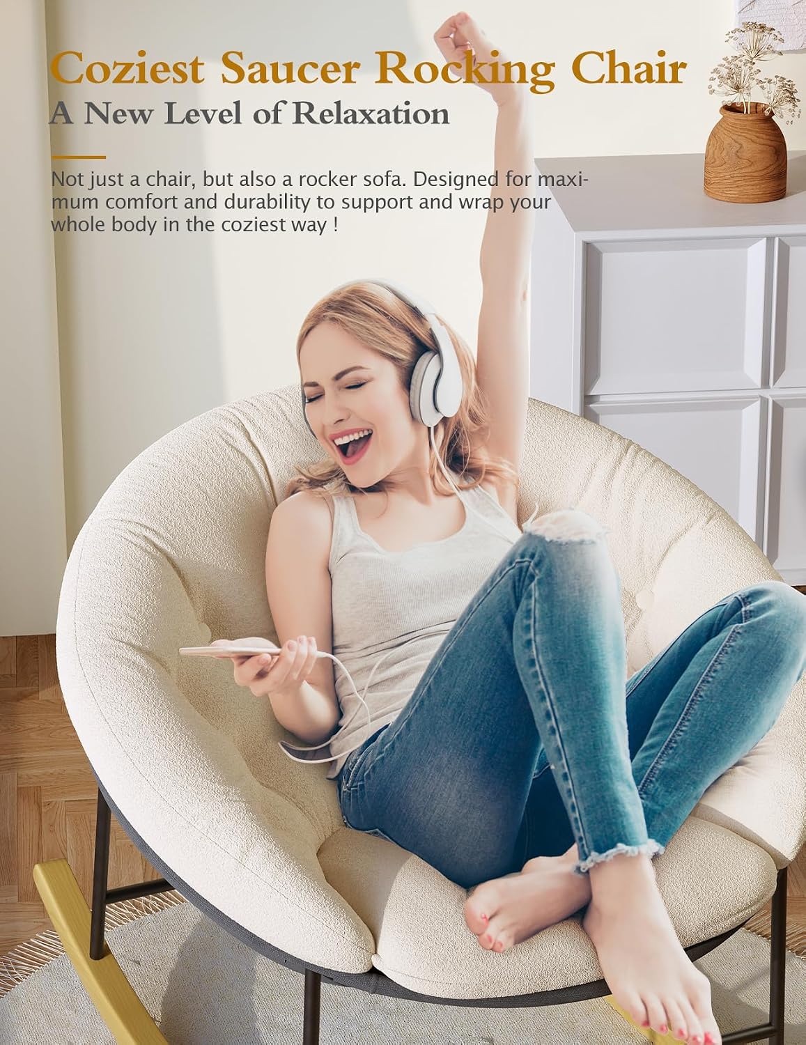 Wide Rocking Chair Nursery, Comfy Saucer Nursery Rocking Chairs with Removable Cushion, Indoor Papasan Nursing Chair for Breastfeeding, Mecedora Para Adultos for Living Room & Bedroom (Cream)