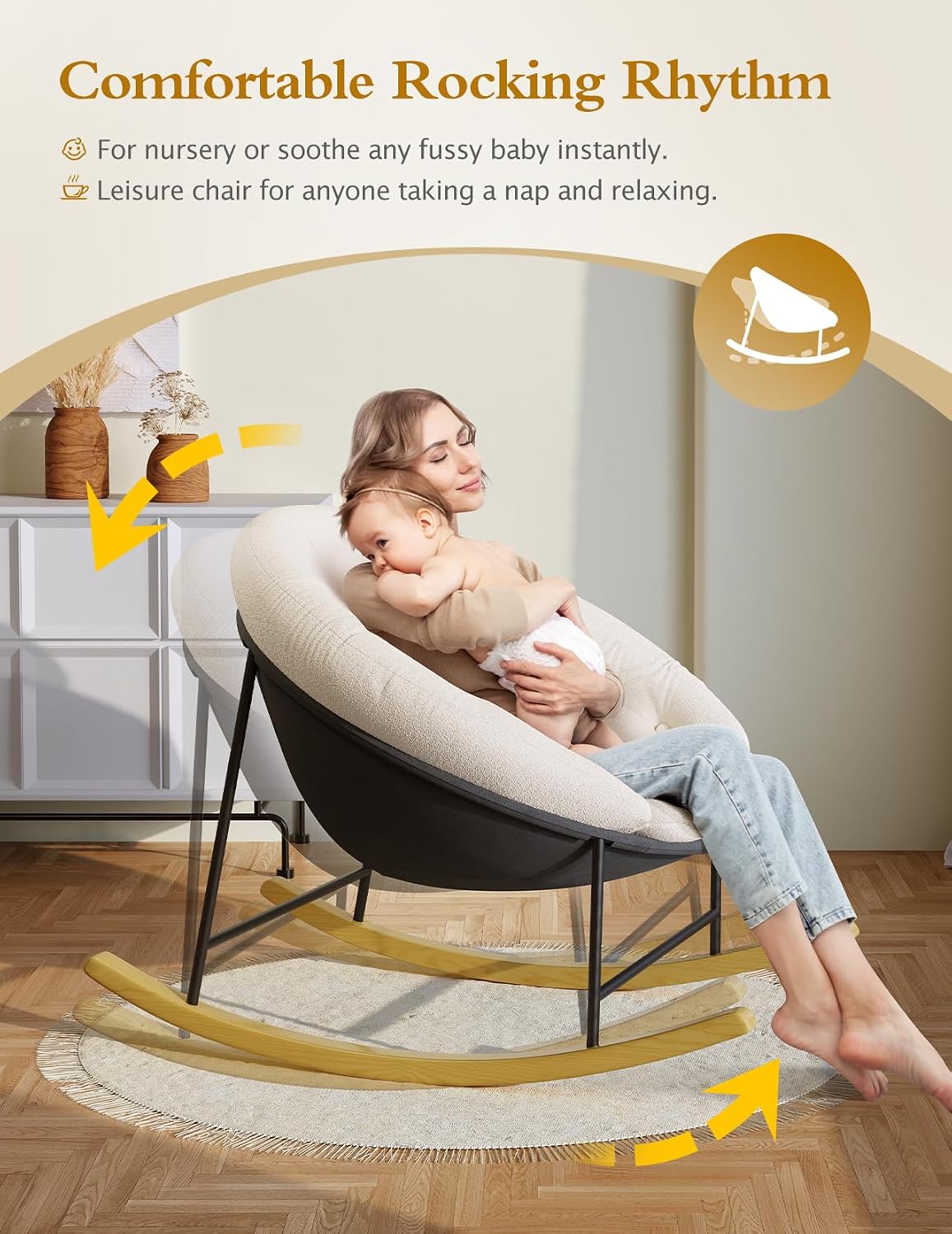 Wide Rocking Chair Nursery, Comfy Saucer Nursery Rocking Chairs with Removable Cushion, Indoor Papasan Nursing Chair for Breastfeeding, Mecedora Para Adultos for Living Room & Bedroom (Cream)