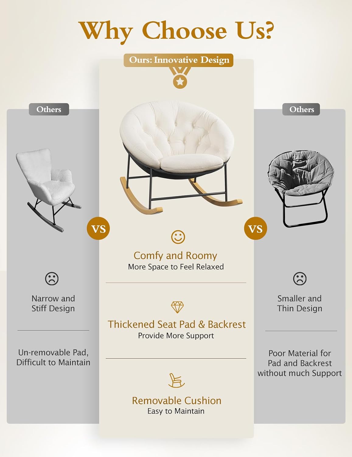Wide Rocking Chair Nursery, Comfy Saucer Nursery Rocking Chairs with Removable Cushion, Indoor Papasan Nursing Chair for Breastfeeding, Mecedora Para Adultos for Living Room & Bedroom (Cream)