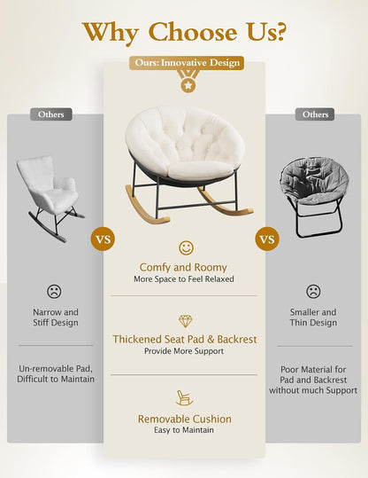 Wide Rocking Chair Nursery, Comfy Saucer Nursery Rocking Chairs with Removable Cushion, Indoor Papasan Nursing Chair for Breastfeeding, Mecedora Para Adultos for Living Room & Bedroom (Cream)