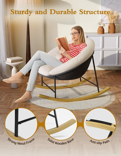 Wide Rocking Chair Nursery, Comfy Saucer Nursery Rocking Chairs with Removable Cushion, Indoor Papasan Nursing Chair for Breastfeeding, Mecedora Para Adultos for Living Room & Bedroom (Cream)