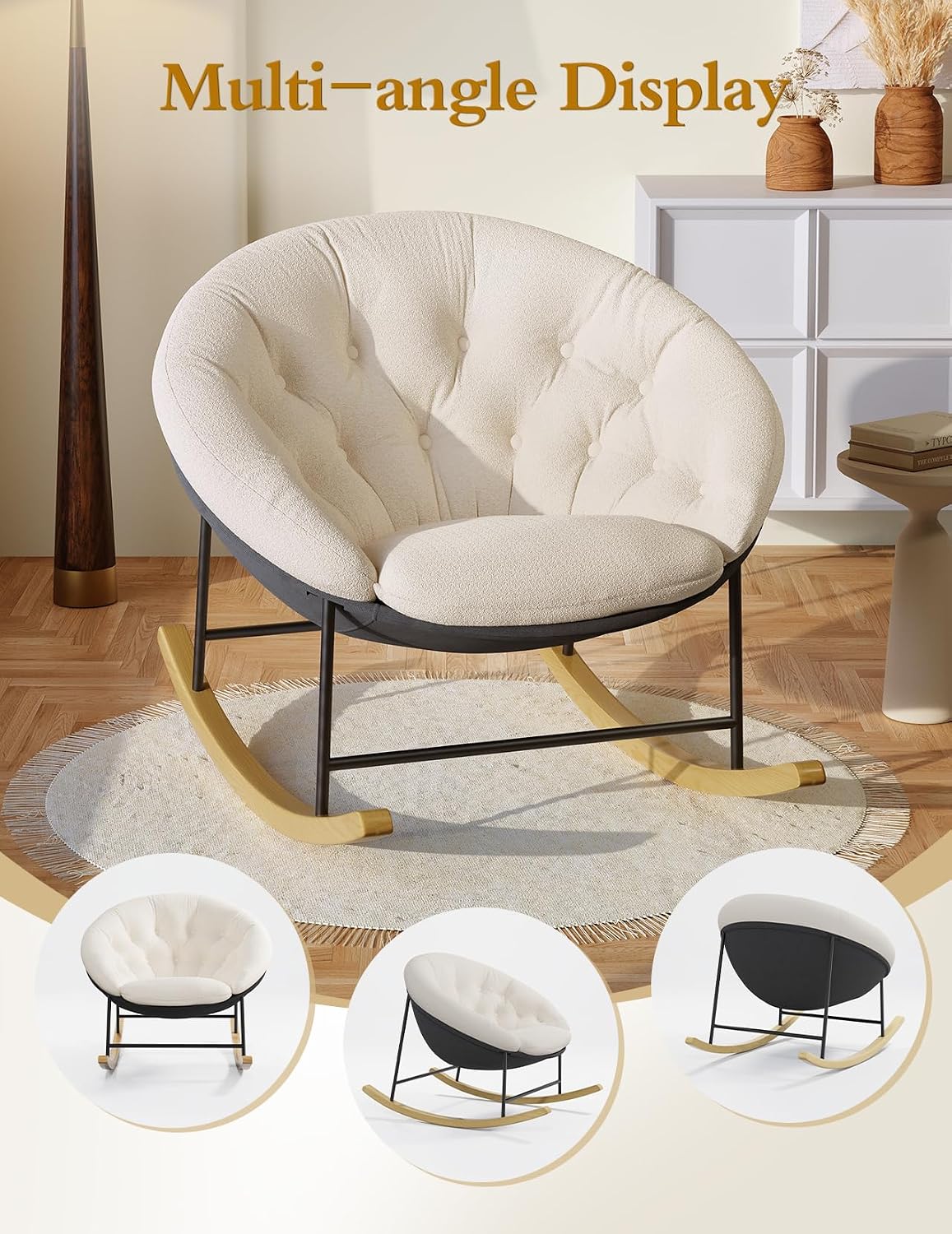 Wide Rocking Chair Nursery, Comfy Saucer Nursery Rocking Chairs with Removable Cushion, Indoor Papasan Nursing Chair for Breastfeeding, Mecedora Para Adultos for Living Room & Bedroom (Cream)