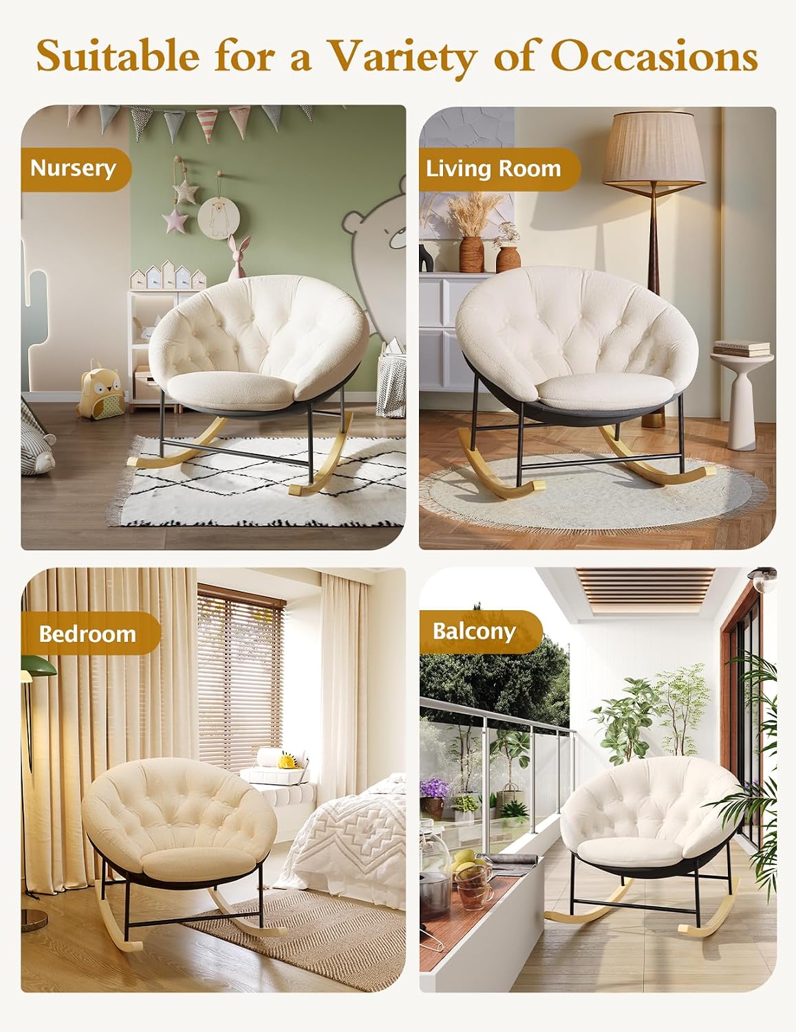 Wide Rocking Chair Nursery, Comfy Saucer Nursery Rocking Chairs with Removable Cushion, Indoor Papasan Nursing Chair for Breastfeeding, Mecedora Para Adultos for Living Room & Bedroom (Cream)