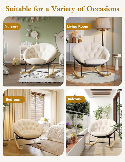 Wide Rocking Chair Nursery, Comfy Saucer Nursery Rocking Chairs with Removable Cushion, Indoor Papasan Nursing Chair for Breastfeeding, Mecedora Para Adultos for Living Room & Bedroom (Cream)