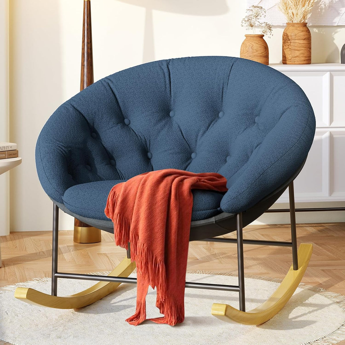 Wide Rocking Chair Nursery, Comfy Saucer Nursery Rocking Chairs with Removable Cushion, Indoor Papasan Nursing Chair for Breastfeeding, Mecedora Para Adultos for Living Room & Bedroom (Cream)