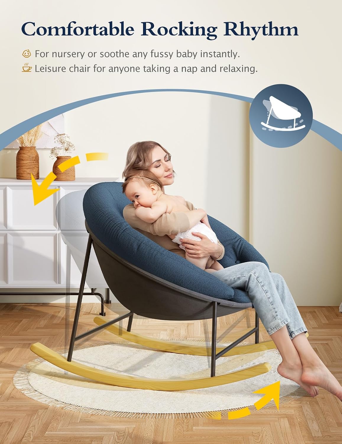 Wide Rocking Chair Nursery, Comfy Saucer Nursery Rocking Chairs with Removable Cushion, Indoor Papasan Nursing Chair for Breastfeeding, Mecedora Para Adultos for Living Room & Bedroom (Cream)