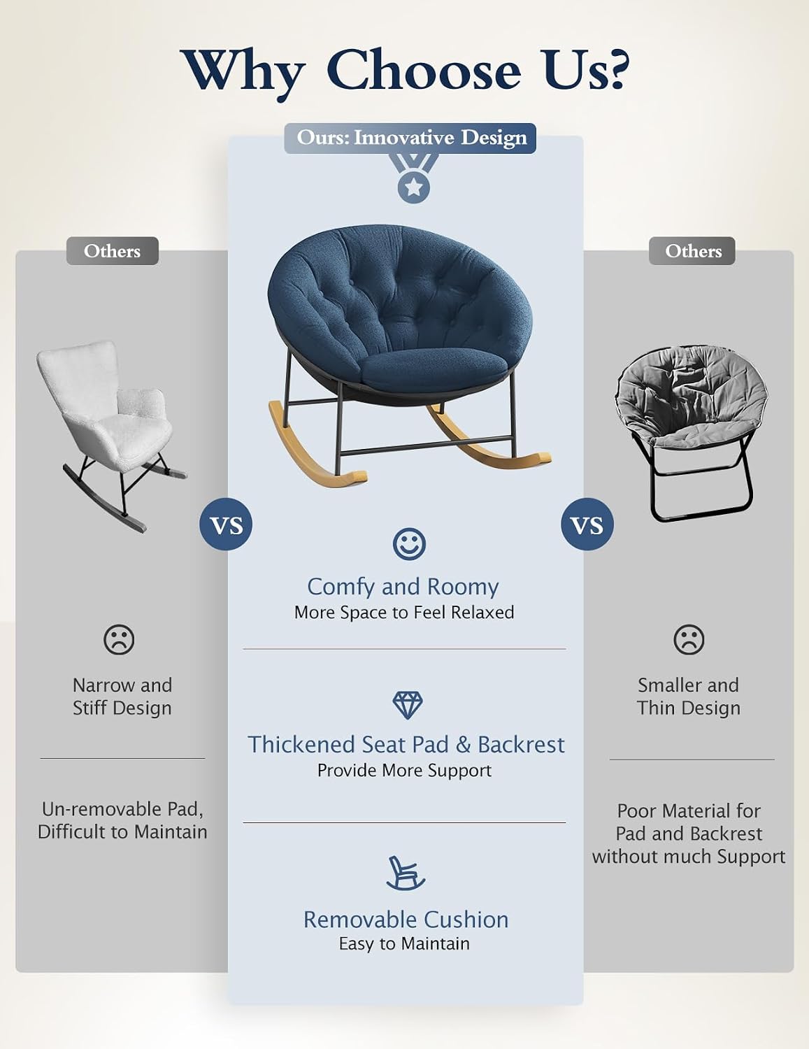 Wide Rocking Chair Nursery, Comfy Saucer Nursery Rocking Chairs with Removable Cushion, Indoor Papasan Nursing Chair for Breastfeeding, Mecedora Para Adultos for Living Room & Bedroom (Cream)