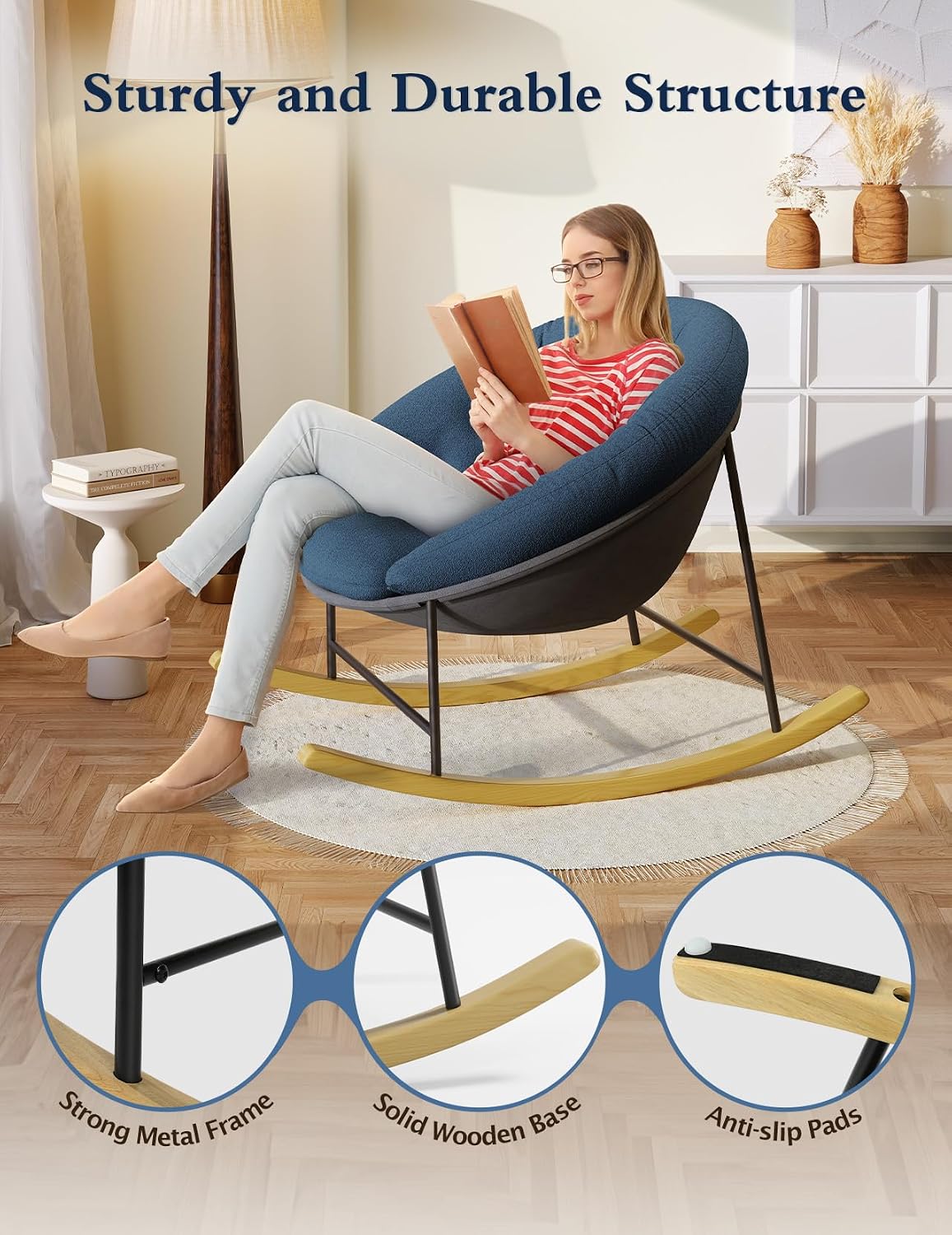Wide Rocking Chair Nursery, Comfy Saucer Nursery Rocking Chairs with Removable Cushion, Indoor Papasan Nursing Chair for Breastfeeding, Mecedora Para Adultos for Living Room & Bedroom (Cream)