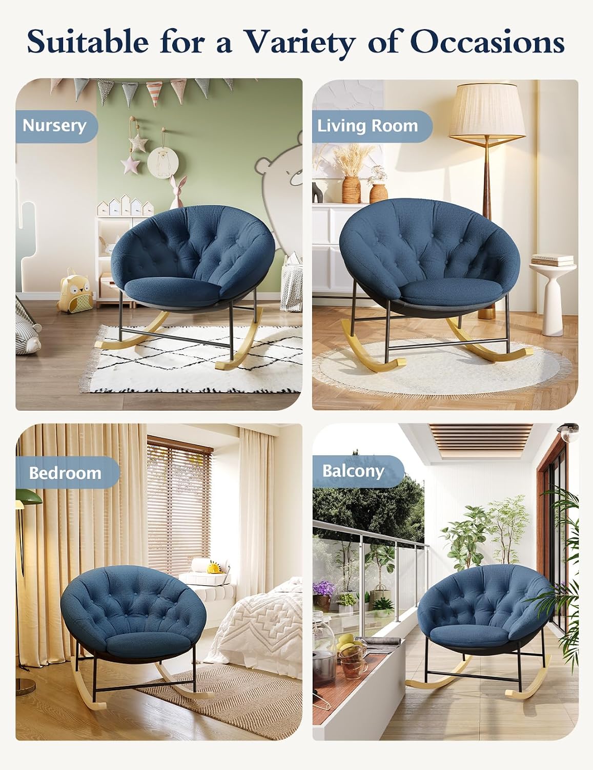 Wide Rocking Chair Nursery, Comfy Saucer Nursery Rocking Chairs with Removable Cushion, Indoor Papasan Nursing Chair for Breastfeeding, Mecedora Para Adultos for Living Room & Bedroom (Cream)