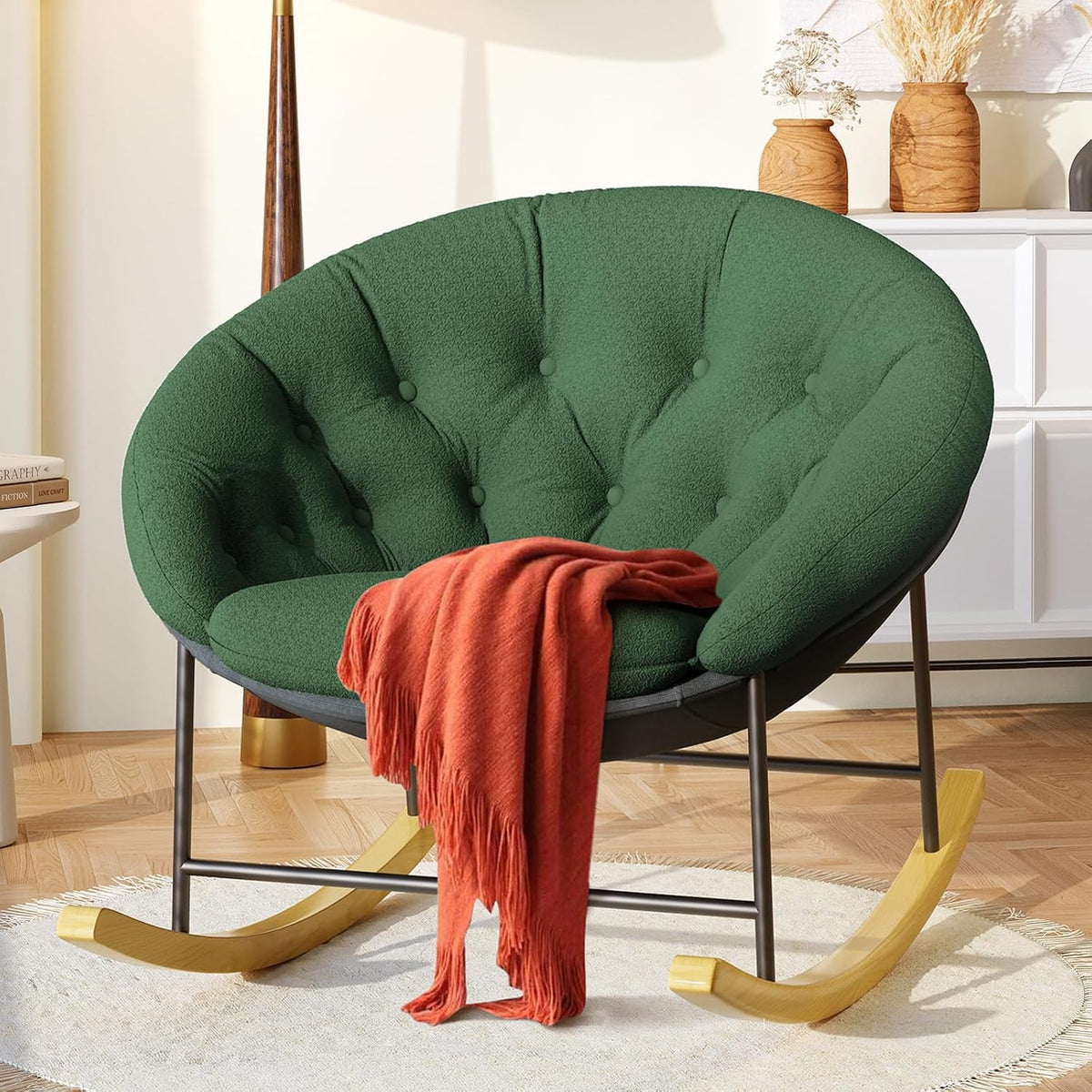 Wide Rocking Chair Nursery, Comfy Saucer Nursery Rocking Chairs with Removable Cushion, Indoor Papasan Nursing Chair for Breastfeeding, Mecedora Para Adultos for Living Room & Bedroom (Cream)