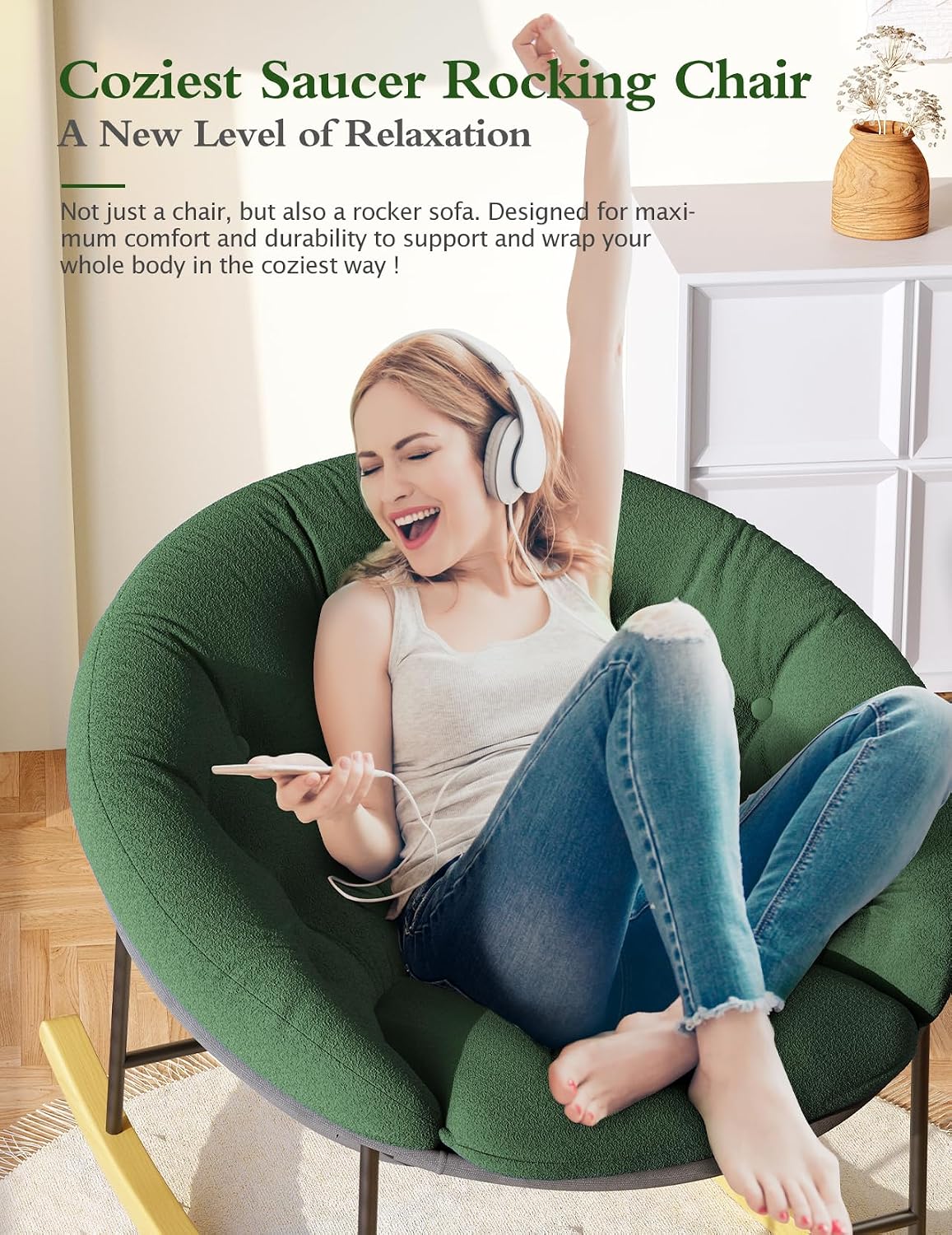 Wide Rocking Chair Nursery, Comfy Saucer Nursery Rocking Chairs with Removable Cushion, Indoor Papasan Nursing Chair for Breastfeeding, Mecedora Para Adultos for Living Room & Bedroom (Cream)