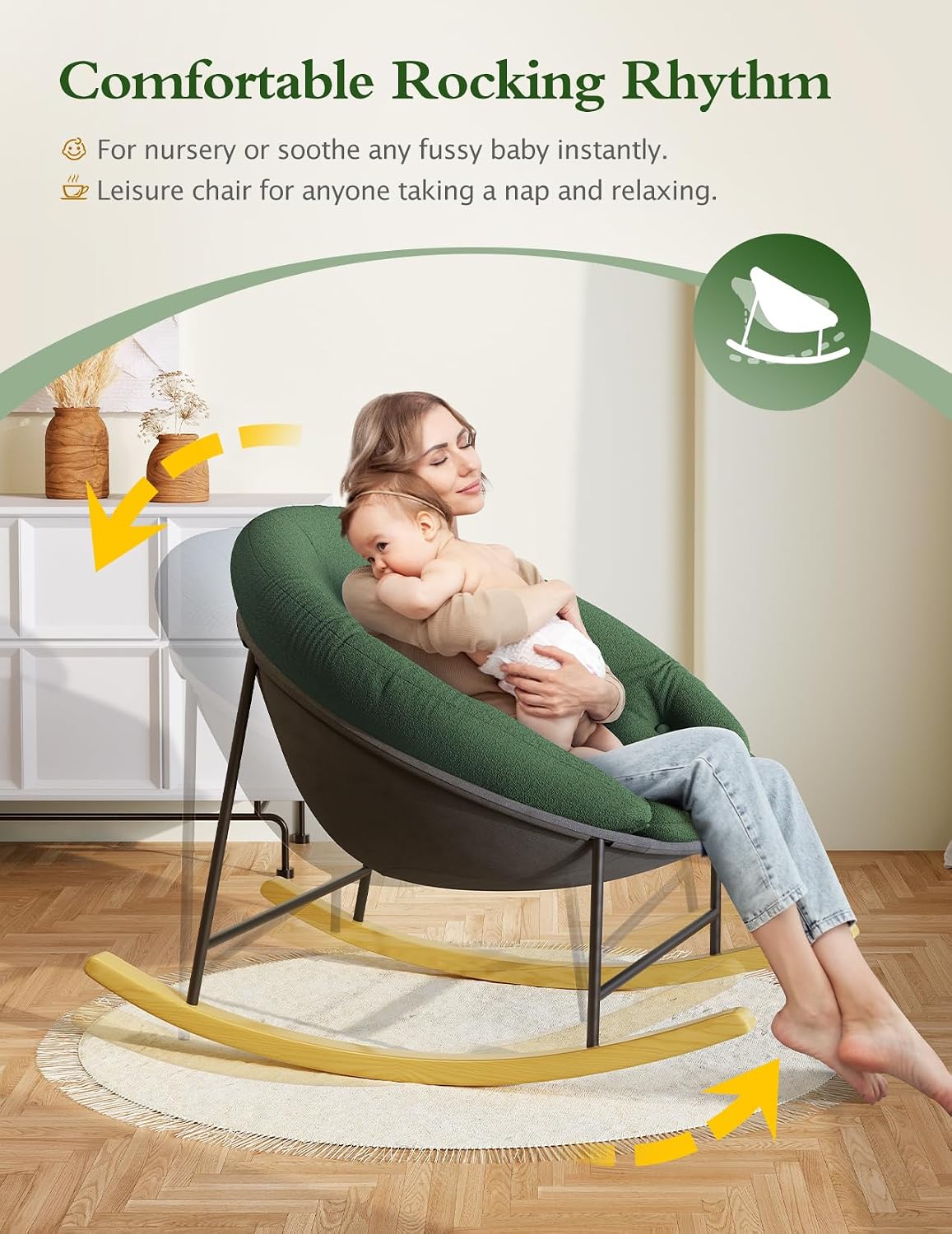 Wide Rocking Chair Nursery, Comfy Saucer Nursery Rocking Chairs with Removable Cushion, Indoor Papasan Nursing Chair for Breastfeeding, Mecedora Para Adultos for Living Room & Bedroom (Cream)