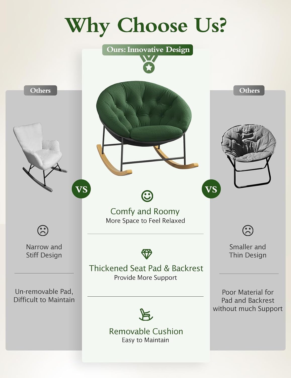 Wide Rocking Chair Nursery, Comfy Saucer Nursery Rocking Chairs with Removable Cushion, Indoor Papasan Nursing Chair for Breastfeeding, Mecedora Para Adultos for Living Room & Bedroom (Cream)