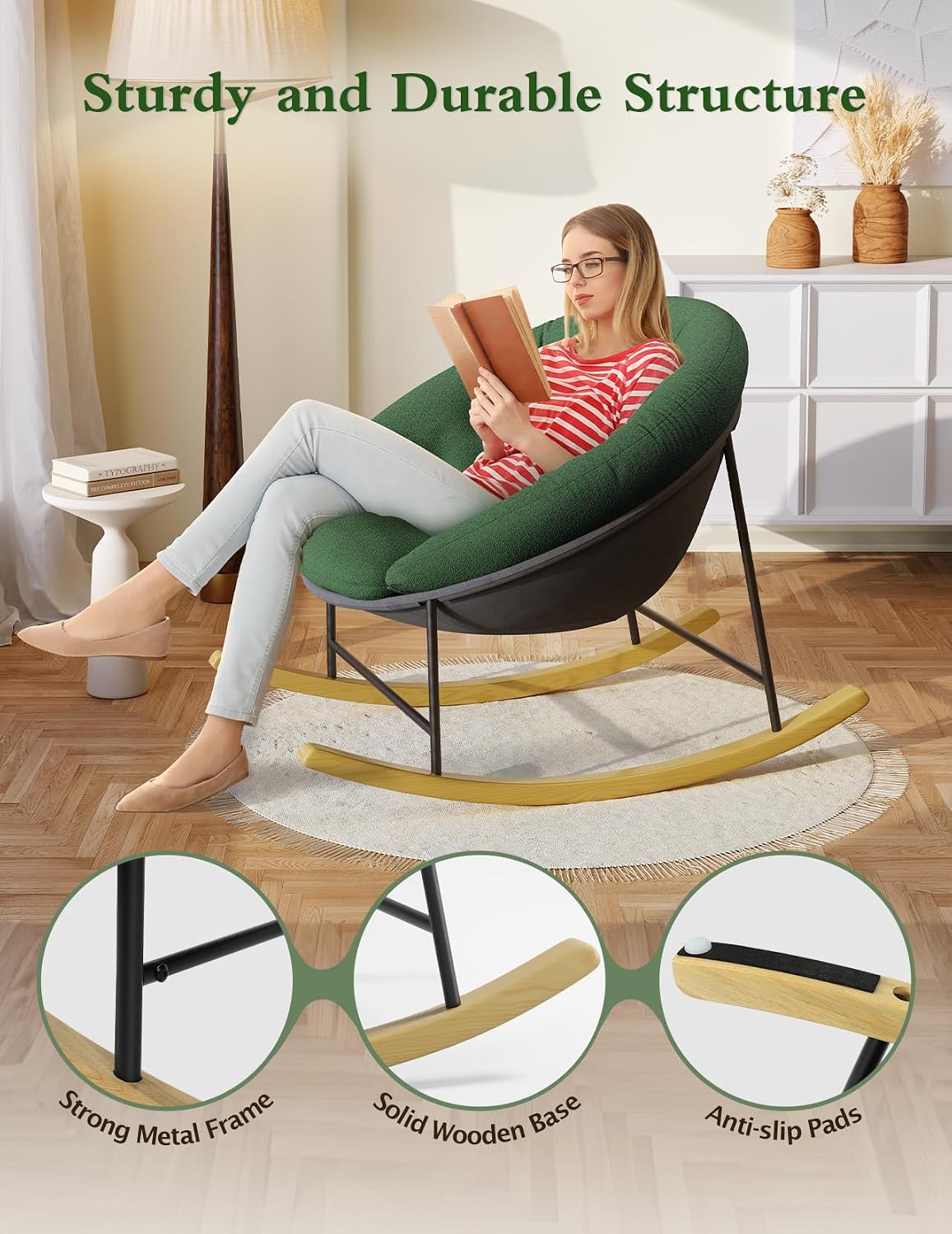 Wide Rocking Chair Nursery, Comfy Saucer Nursery Rocking Chairs with Removable Cushion, Indoor Papasan Nursing Chair for Breastfeeding, Mecedora Para Adultos for Living Room & Bedroom (Cream)