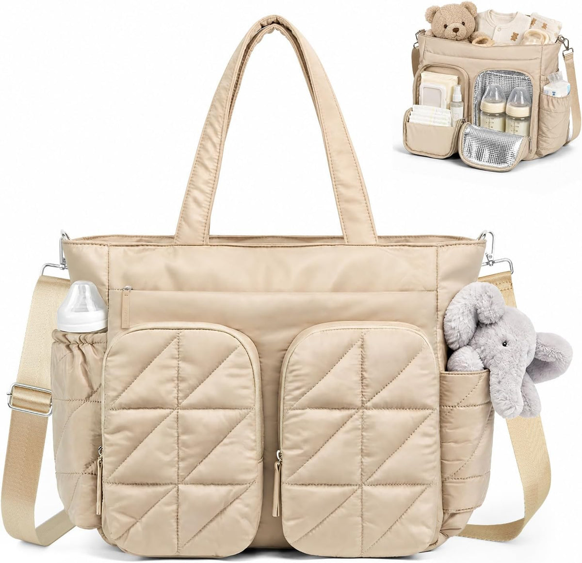 Diaper Bag Tote, Quilted Puffer Baby Bag with Insulated Pockets, Lightweight Hospital Bag for Mom & Dad, Travel, Work