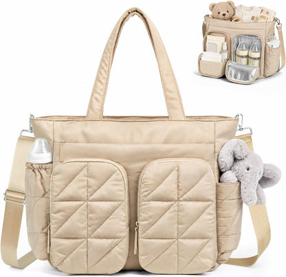 Diaper Bag Tote, Quilted Puffer Baby Bag with Insulated Pockets, Lightweight Hospital Bag for Mom & Dad, Travel, Work