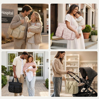 Diaper Bag Tote, Quilted Puffer Baby Bag with Insulated Pockets, Lightweight Hospital Bag for Mom & Dad, Travel, Work