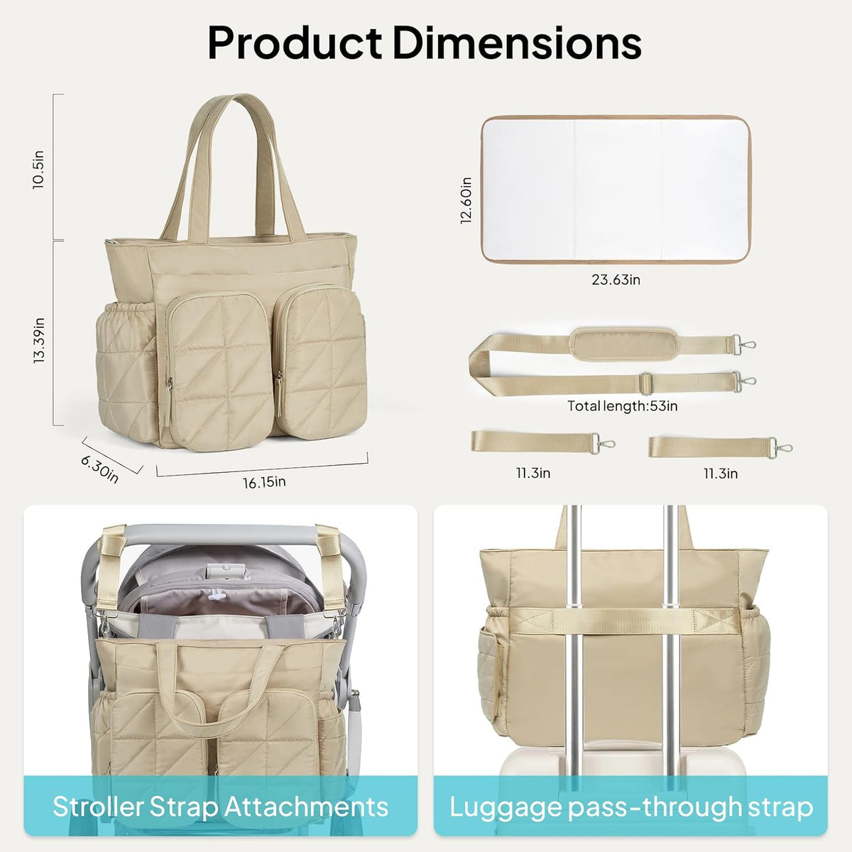 Diaper Bag Tote, Quilted Puffer Baby Bag with Insulated Pockets, Lightweight Hospital Bag for Mom & Dad, Travel, Work
