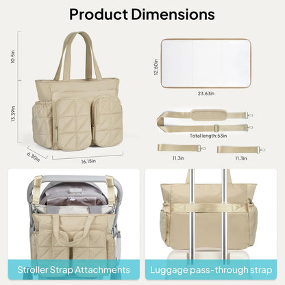 Diaper Bag Tote, Quilted Puffer Baby Bag with Insulated Pockets, Lightweight Hospital Bag for Mom & Dad, Travel, Work