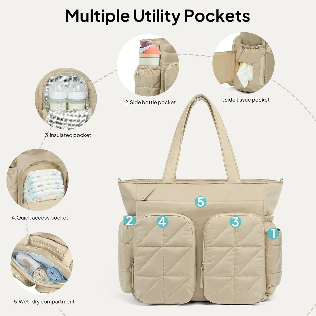 Diaper Bag Tote, Quilted Puffer Baby Bag with Insulated Pockets, Lightweight Hospital Bag for Mom & Dad, Travel, Work