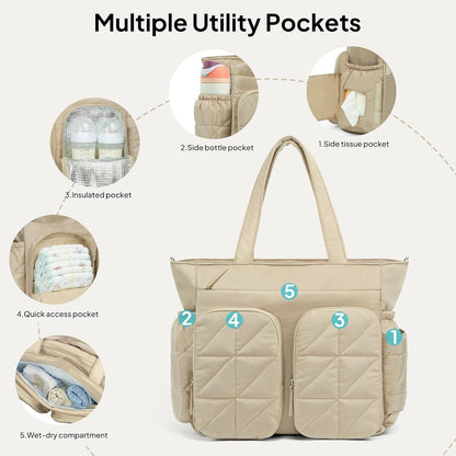 Diaper Bag Tote, Quilted Puffer Baby Bag with Insulated Pockets, Lightweight Hospital Bag for Mom & Dad, Travel, Work