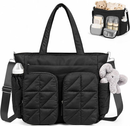 Diaper Bag Tote, Quilted Puffer Baby Bag with Insulated Pockets, Lightweight Hospital Bag for Mom & Dad, Travel, Work