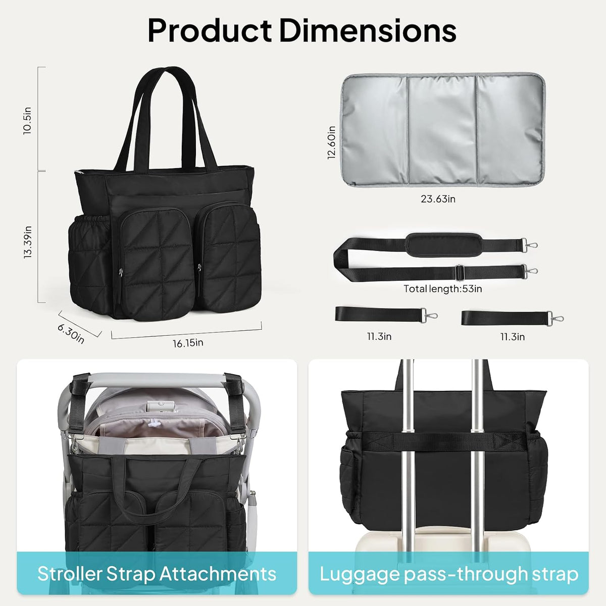 Diaper Bag Tote, Quilted Puffer Baby Bag with Insulated Pockets, Lightweight Hospital Bag for Mom & Dad, Travel, Work