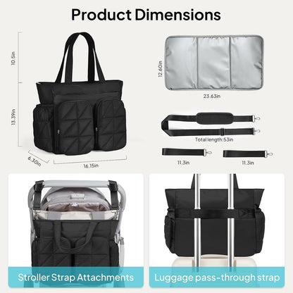 Diaper Bag Tote, Quilted Puffer Baby Bag with Insulated Pockets, Lightweight Hospital Bag for Mom & Dad, Travel, Work