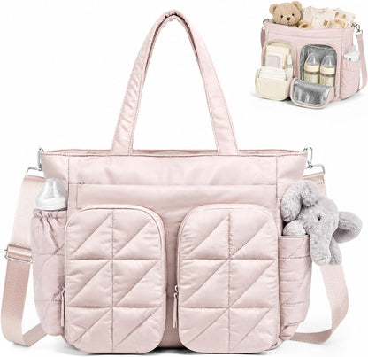 Diaper Bag Tote, Quilted Puffer Baby Bag with Insulated Pockets, Lightweight Hospital Bag for Mom & Dad, Travel, Work