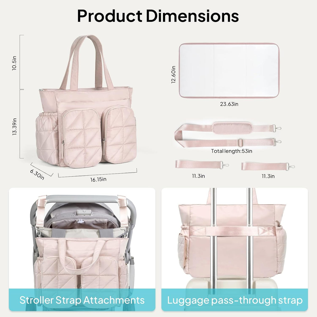Diaper Bag Tote, Quilted Puffer Baby Bag with Insulated Pockets, Lightweight Hospital Bag for Mom & Dad, Travel, Work