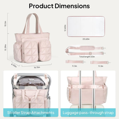 Diaper Bag Tote, Quilted Puffer Baby Bag with Insulated Pockets, Lightweight Hospital Bag for Mom & Dad, Travel, Work