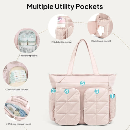 Diaper Bag Tote, Quilted Puffer Baby Bag with Insulated Pockets, Lightweight Hospital Bag for Mom & Dad, Travel, Work
