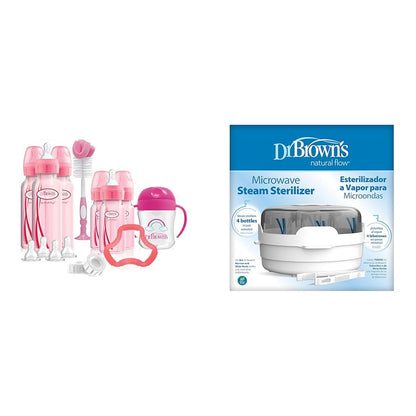 Anti-Colic Pink Baby Bottle Gift Set with 3 8oz & 3 4oz Bottles, Nipples, Cup, Teether, Brush & Microwave Steam Sterilizer for Bottles & Parts