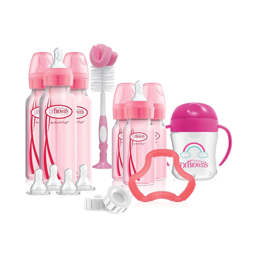 Anti-Colic Pink Baby Bottle Gift Set with 3 8oz & 3 4oz Bottles, Nipples, Cup, Teether, Brush & Microwave Steam Sterilizer for Bottles & Parts
