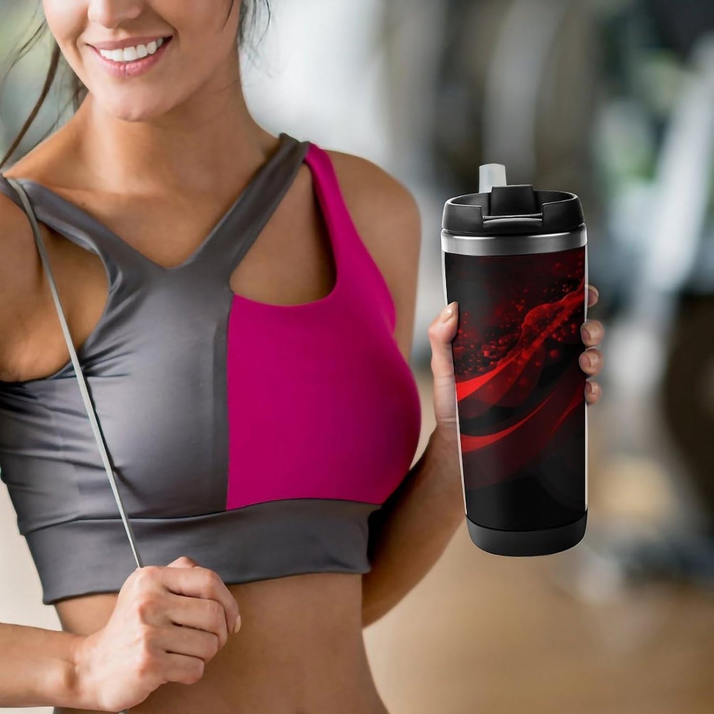 13oz Insulated Travel Coffee Mug Reusable Coffee Cup Water Bottle | Black And Red Background Travel Mug with Leak Proof Lid Double Wall Stainless Steel Coffee Tumbler Personalized Gift