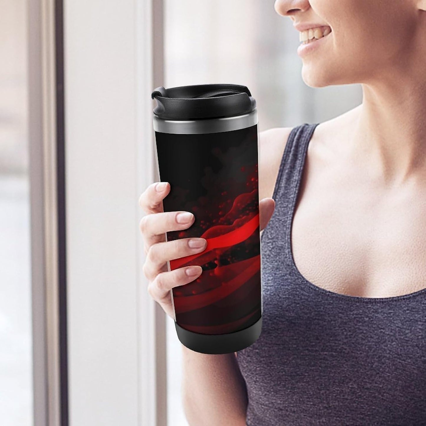 13oz Insulated Travel Coffee Mug Reusable Coffee Cup Water Bottle | Black And Red Background Travel Mug with Leak Proof Lid Double Wall Stainless Steel Coffee Tumbler Personalized Gift