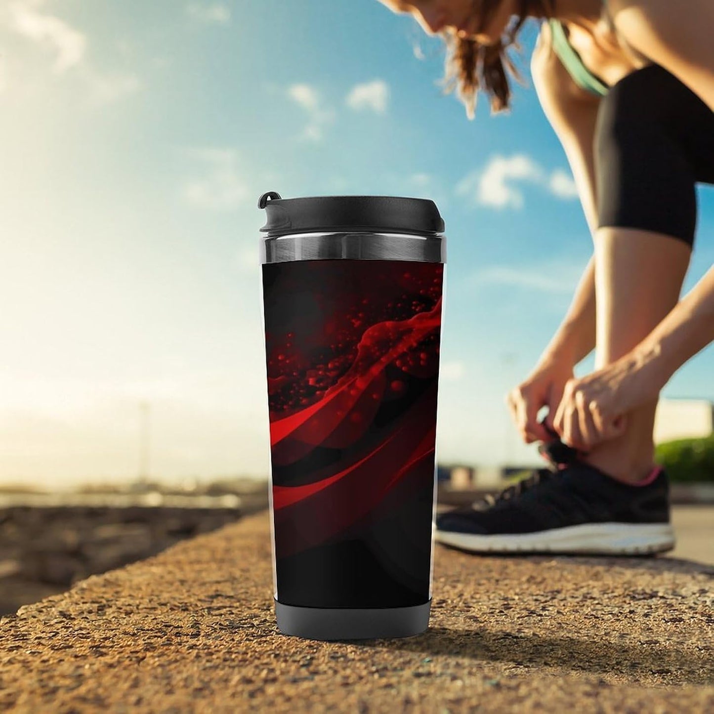 13oz Insulated Travel Coffee Mug Reusable Coffee Cup Water Bottle | Black And Red Background Travel Mug with Leak Proof Lid Double Wall Stainless Steel Coffee Tumbler Personalized Gift