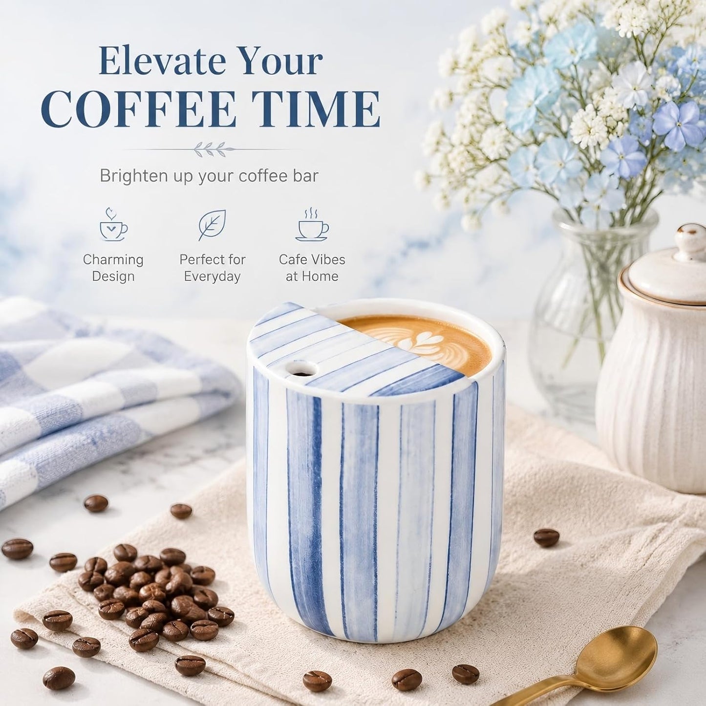 Ceramic Mug with Sip Hole 10 oz Novelty Food Pattern Ceramic Coffee Mug Hand Painted Travel Mugs Heat Resistant Non Slip Built in One Lid Handcraft Mugs for Coffee Lovers Appreciation Gift