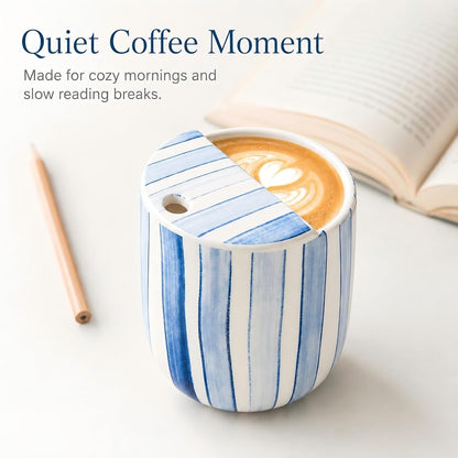 Ceramic Mug with Sip Hole 10 oz Novelty Food Pattern Ceramic Coffee Mug Hand Painted Travel Mugs Heat Resistant Non Slip Built in One Lid Handcraft Mugs for Coffee Lovers Appreciation Gift