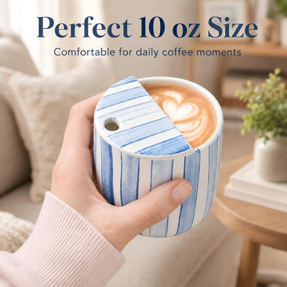 Ceramic Mug with Sip Hole 10 oz Novelty Food Pattern Ceramic Coffee Mug Hand Painted Travel Mugs Heat Resistant Non Slip Built in One Lid Handcraft Mugs for Coffee Lovers Appreciation Gift