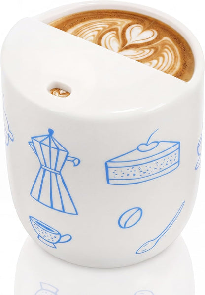 Ceramic Mug with Sip Hole 10 oz Novelty Food Pattern Ceramic Coffee Mug Hand Painted Travel Mugs Heat Resistant Non Slip Built in One Lid Handcraft Mugs for Coffee Lovers Appreciation Gift